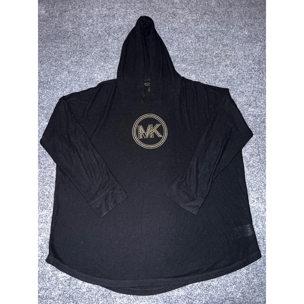 Michael Kors Womens XL Black Studded MK Logo Hoodie Long Sleeve Top